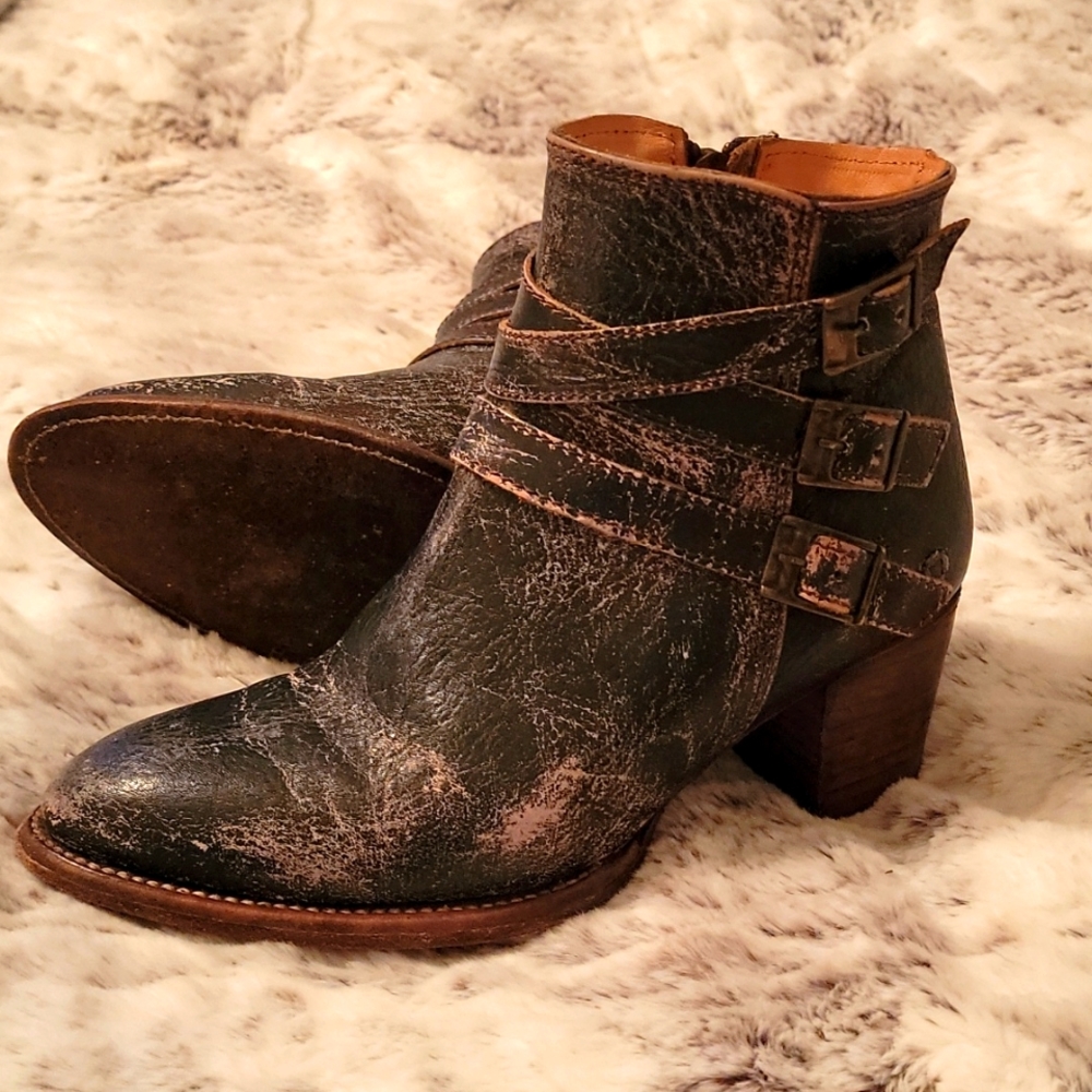 Bed Stu Distressed Black and Brown Leather Ankle Boots with Buckles